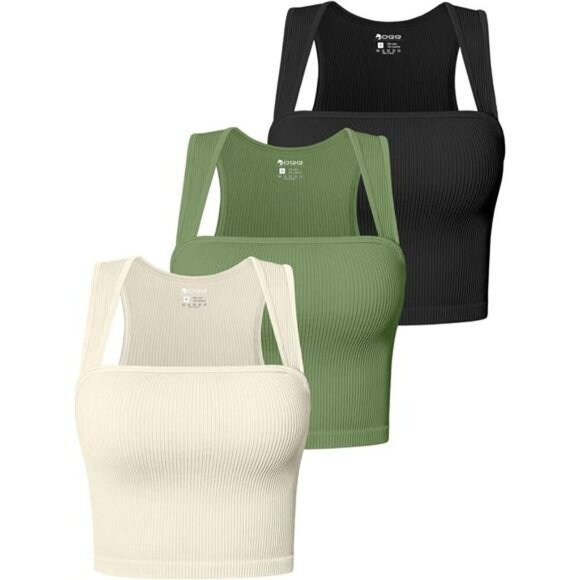 OQQ Ribbed Crop Tank Tops for Women 3 Pack Sleeveless Strappy Workout Tees - Picture 1 of 7